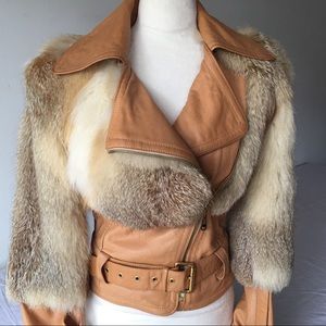 Roberto Cavalli Tan Leather Fox Fur Jacket